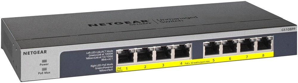 Switch Netgear 8 puertos Gigabit PoE/PoE+ (123W) no gestionable. Ref: GS108PP100E